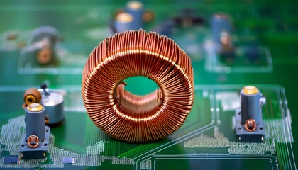 electric engine stator with coils copper wire winding or ball bearing on green pcb detail closeup of step motor inductors or metal ferromagnetic sheets from laser printer machine on blurry black net