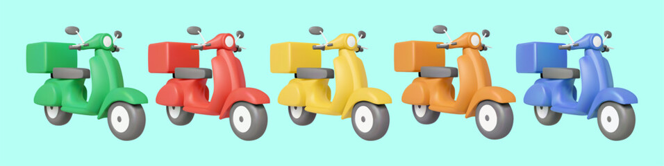 Obraz premium 3D Vector Render Illustration of Minimal Green, Red, Yellow, Orange, Blue Delivery Motorbike or Scooter Icon Set for Delivery,Business,Logistics,Transportation,Online Shopping,Food Delivery Service.