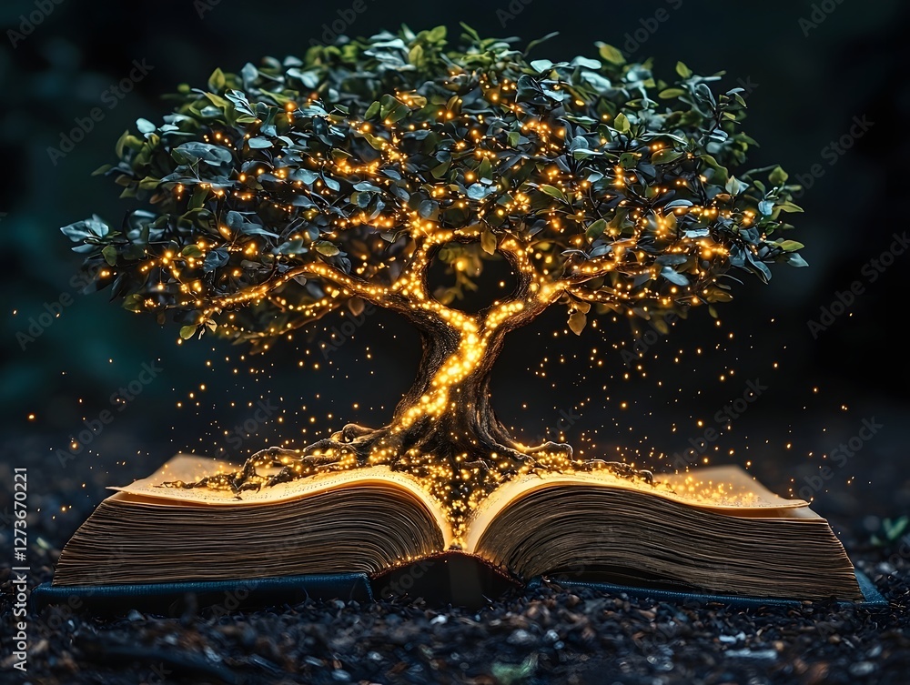 Poster glowing tree of knowledge with book leaves and interconnected students symbolizing education uniting