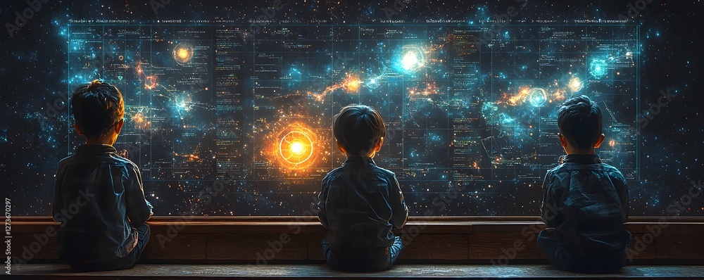 Poster glowing classroom mural depicting students inventing technologies with timeline of societal progress