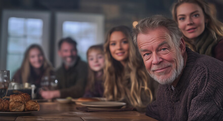 A happy family enjoying a meal together at a cozy table.