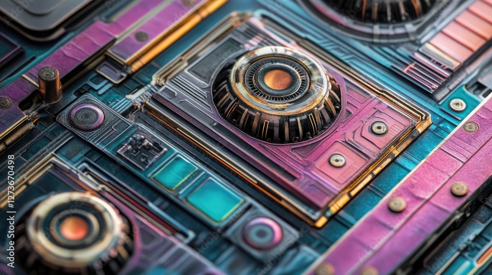 Aufkleber close-up of a quantum hall effect device with intricate designs and magnetic fields, symbolizing adv