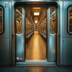 Empty subway train interior, dimly lit metal walls, contrasting light creating an inviting atmosphere, ideal for storytelling.