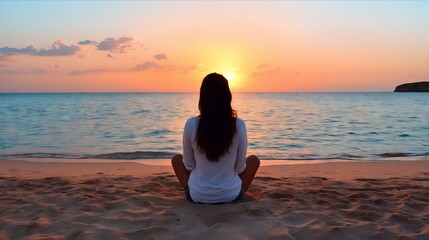 Fototapeta premium A woman sitting on the beach watching the sunset