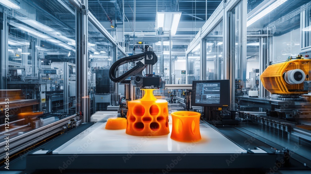 Poster a 3d printing factory where advanced machines create complex prototypes and components layer by laye