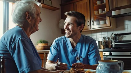 Caregiver engages in joyful conversation with elderly man while sharing a meal in a warm, inviting kitchen atmosphere