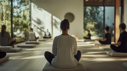 Inaugural ceremony for a new wellness retreat with guests practicing meditation. Featuring mindfulness and self-care