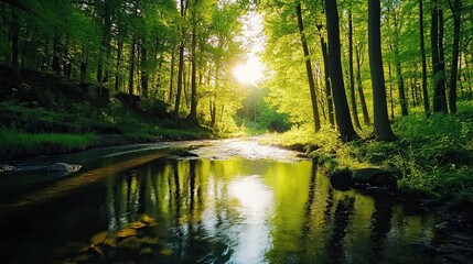 A river winding through a lush forest, with sunlight filtering through the trees and reflecting on the water. 