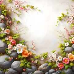Empty white wall with flowers on the sides and copy space
