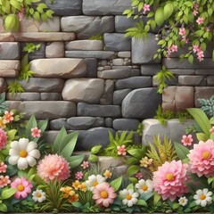 Empty stone wall with flowers on the sides and copy space