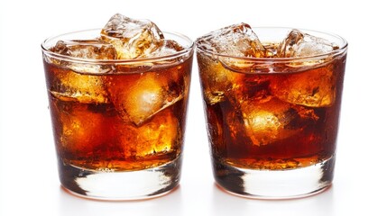 Two Glasses Of Cola With Ice Cubes Isolated On White Backdrop. Refreshing Summer Drink.