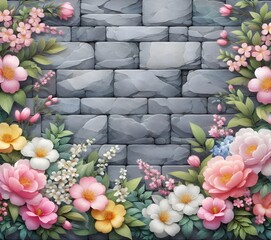 Empty stone brick wall with flowers on the sides and copy space