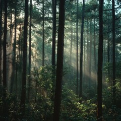 Obraz premium Sunlight filtering through trees in a serene forest setting nature photography tranquil environment captivating viewpoint