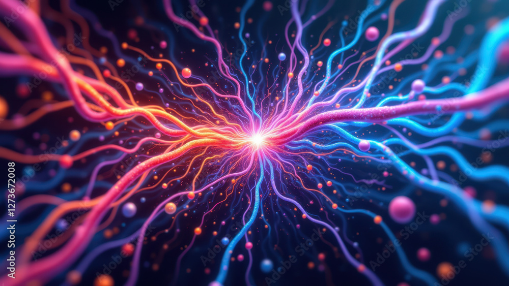 Poster a vibrant visual representation of vns (vagus nerve stimulation) with flowing lines and illuminated 
