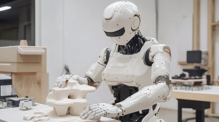 Robotic artist creating a sculpture in a minimalist gallery space.