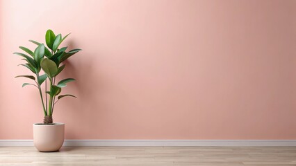 Fototapeta premium A serene minimalist pink wall with a solitary home plant stands tall, its green leaves a refreshing contrast to the soft pastel hue of the surrounding space , pink wall, home decor