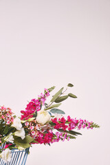 shopping cart with flowers and wooden boxes