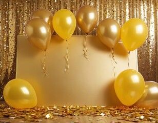 Golden balloons and confetti create a festive atmosphere for celebrations.