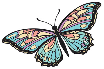  Vibrant rainbow butterfly, detailed wings, symmetrical design, intricate patterns, colorful insect, iridescent scales, fantasy creature, digital illustration, hyper-realistic, high contrast, vivid 