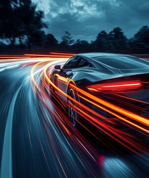 High-speed autonomous vehicle with dynamic light trails on a highway, representing the concept of futuristic transportation and electric vehicles