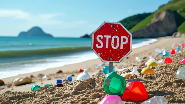 A stop sign is on the beach next to a pile of trash. The sign is red and white