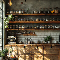 An airy, bright kitchen with wooden shelves, glass jars, and fresh herbs on the counter