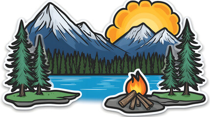 Fototapeta premium A cartoon drawing of mountains, pine trees, and a lake with a campfire in the foreground 
