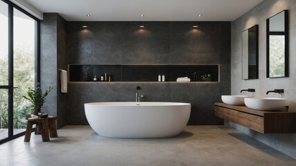 Sunlit bathing area highlighting a sleek tub and uncluttered interior design