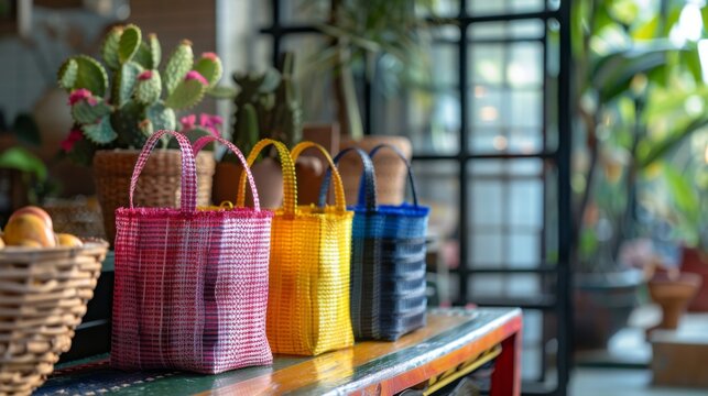 Brightly colored woven bags sit on a wooden table next to a basket of fresh fruit, surrounded by lush greenery and soft natural light filtering through windows.