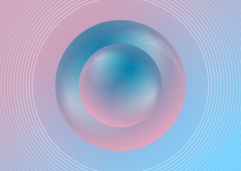Blue pink glossy circles and radial lines abstract minimal geometric background. Vector tech design