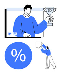 Person celebrating with trophy in video call, large percentage symbol, and another person with a chart. Ideal for success, remote work, achievement, online communication, data analysis, business