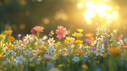 Obraz premium Wildflowers blooming in a meadow, soft warm sunlight, vibrant colors, peaceful atmosphere, close-up detail, photorealistic