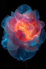 Obraz premium A burning rose, on fire with blue flames against a black background. Macro photography captures the vibrant pink and red colors in a surreal, hyper-realistic style.