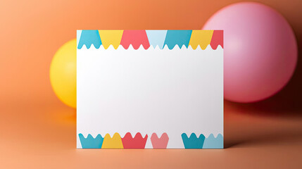 A colorful, decorative blank card surrounded by vibrant balloons, perfect for celebrations and special occasions on a warm background.