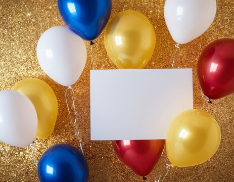 Colorful balloons surround a blank white card on a shimmering golden background, perfect for celebrations.