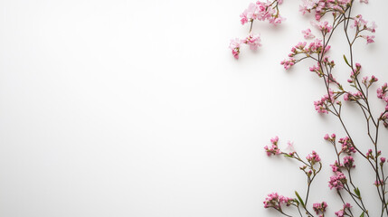 White table top view background with flowers isolated. copy space decoration white background