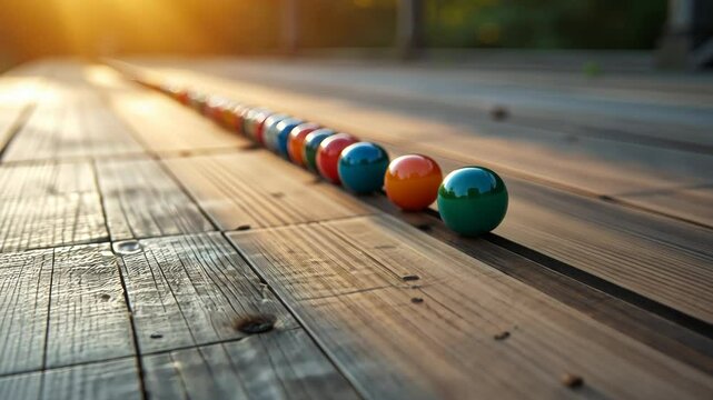  Row of colorful beads lined up on a wooden surface under a bright sun creating a vibrant and eye-catching scene
