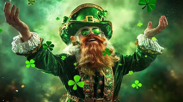 A joyful leprechaun in vibrant green attire celebrates St. Patrick's Day amidst floating clovers