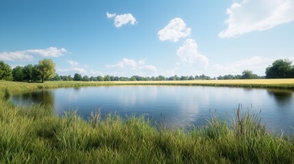 Fototapeta premium Serene landscape featuring a calm pond surrounded by lush greenery.