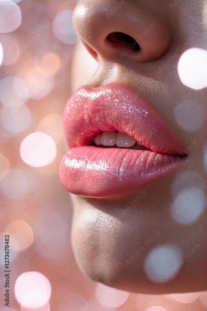 Poster close-up of glossy lips with shimmering bokeh background creating a dreamy effect during an artistic