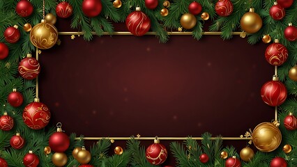 Festive Christmas Frame with Golden Ornaments and Pine Branches