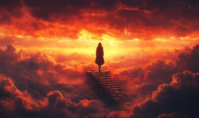 Young woman on broken staircase ascending to sky, surreal digital art, mystical journey, fantasy clouds at sunset, stepping into the unknown, dreamlike adventure, conceptual