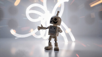 Obraz premium Cute toy robot with glowing lights and futuristic background.