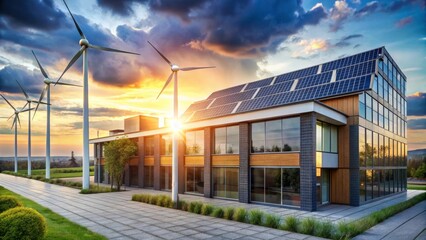 Obraz premium Sustainable Architecture Modern Building with Solar Panels and Wind Turbines at Sunset
