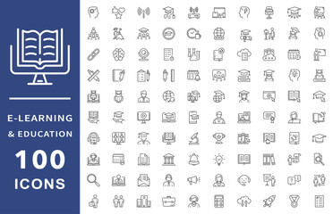 E-learning, online education icons set. Distance learning icons collection. Contains such icons as e-learning, video lesson, e-book, training and webinar for web and mobile app. Editable stroke.