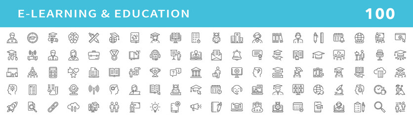 E-learning, online education icons set. Distance learning icons collection. Contains such icons as e-learning, video lesson, e-book, training and webinar for web and mobile app. Editable stroke.