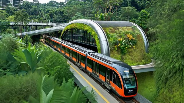 A modern double-decker train pulling into an eco-friendly railway station surrounded by greenery.