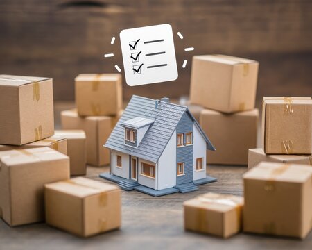 Housing moving checklist concepts. Miniature house surrounded by moving boxes and a checklist above, symbolizing relocation or organization.