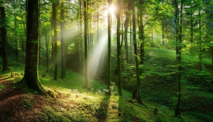 Obraz premium beautiful rays of sunlight in a green forest