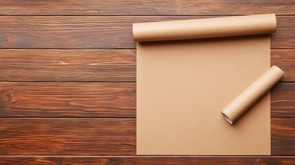 A flat lay of brown kraft paper rolls on a wooden surface, ideal for craft projects and eco-friendly designs.